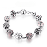 925S Silver Plated Charm Bracelet Crystal Ball Love + Flower (20cm)